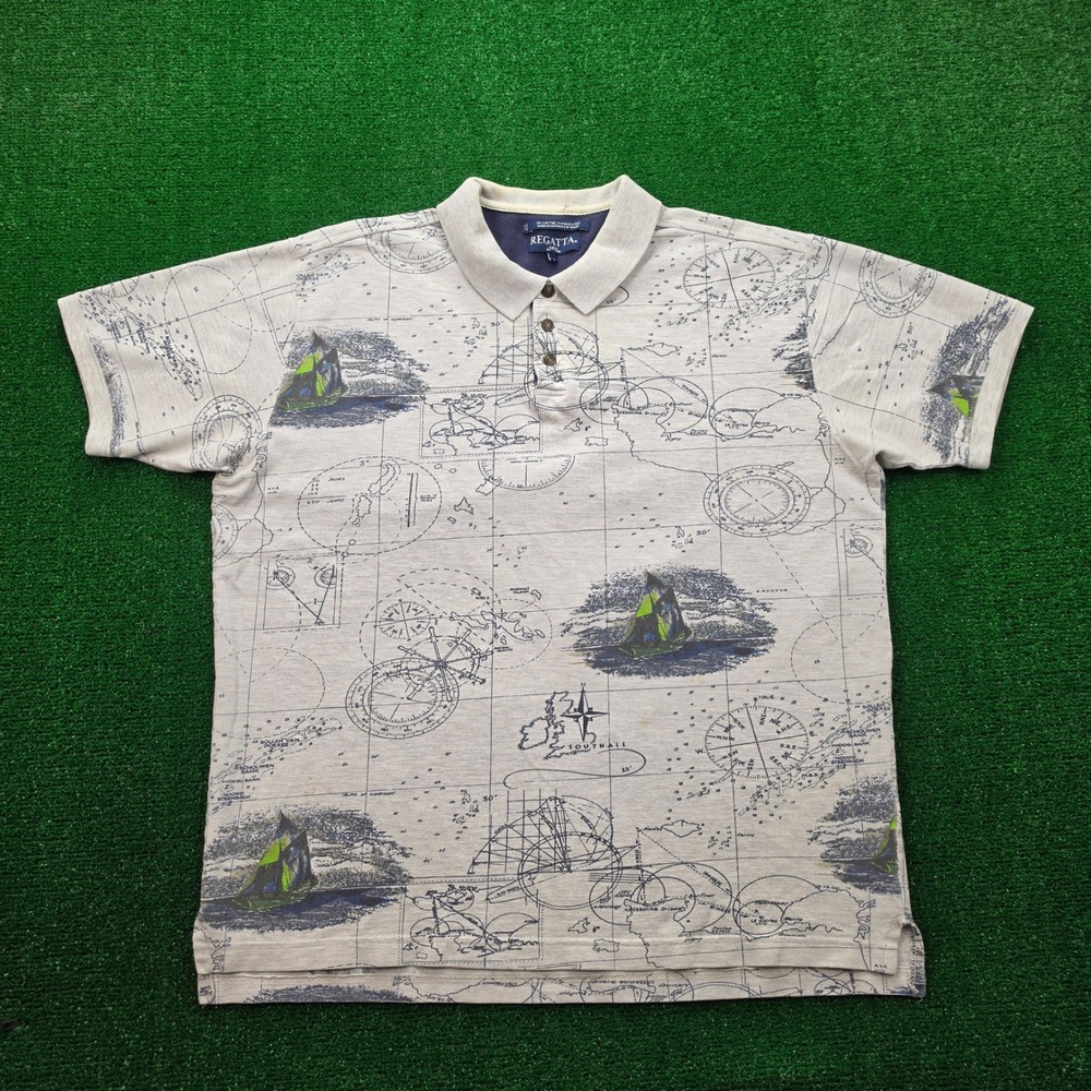 Vintage Regatta All Over Nautical Map & Sailboat Pique Polo Shirt Mens Large